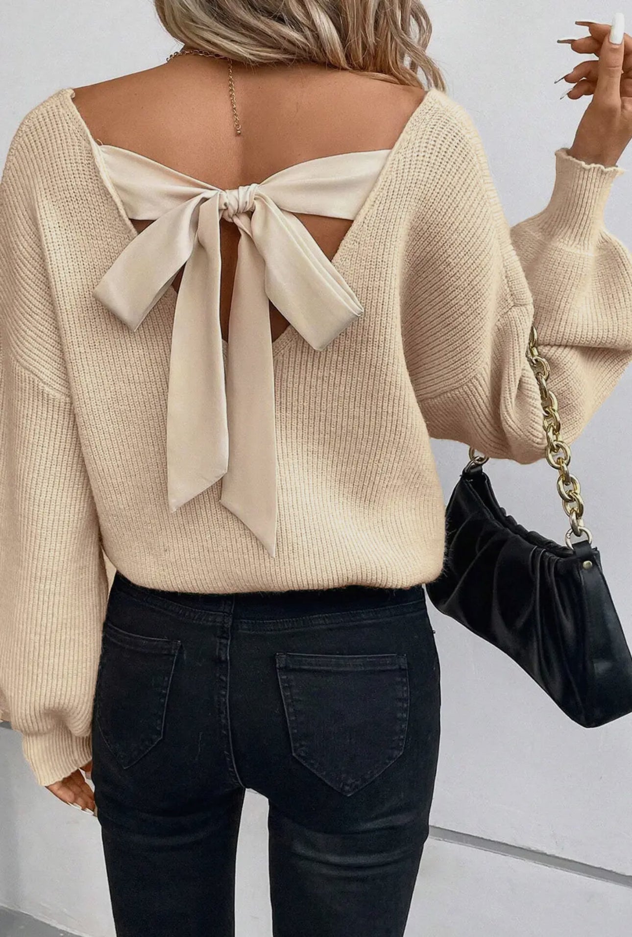 Lantern Sleeve V Neck Bow Back Sweater
