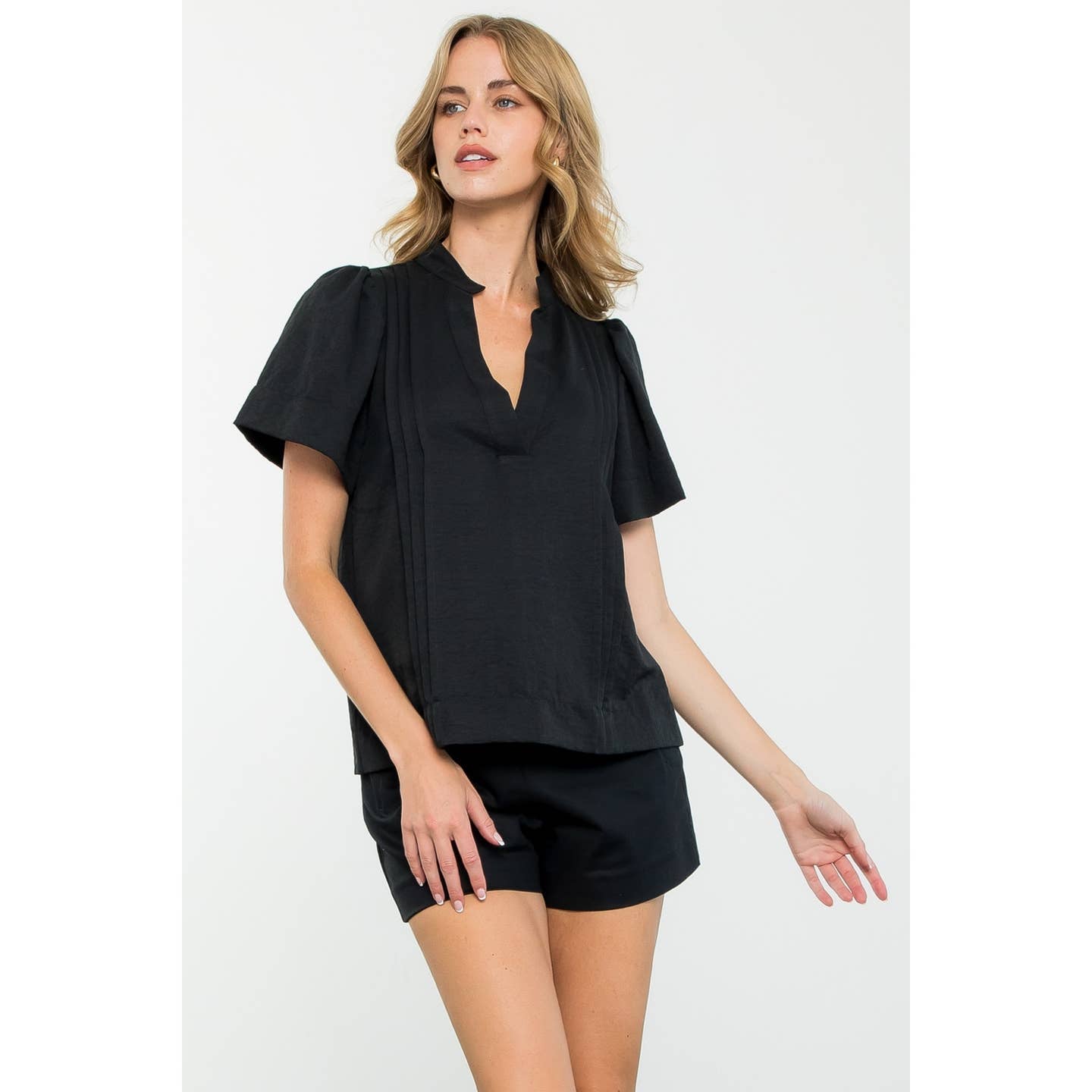 Short Sleeve Pleated V Neck Top