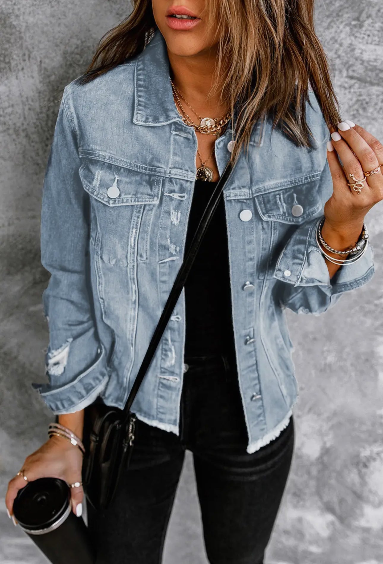 Distressed Raw Hem Denim Jacket
